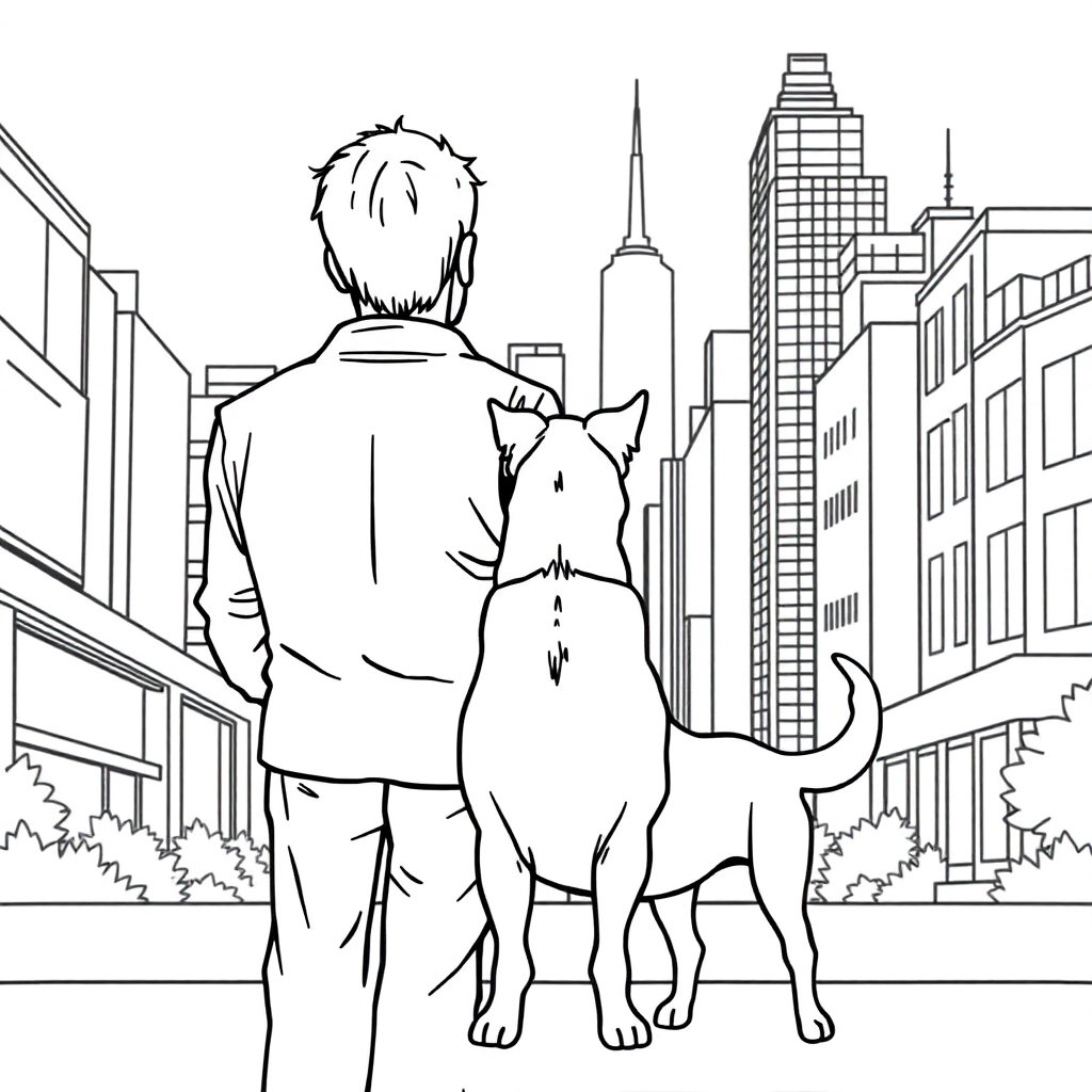 men walk with dog in the city from backview صفحات التلوين