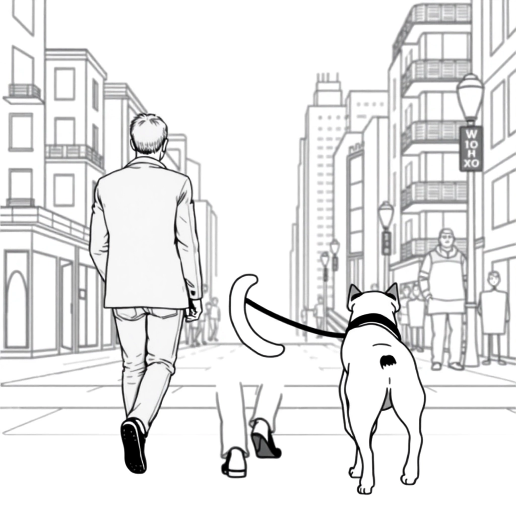 men walk with dog in the city from backview صفحات التلوين