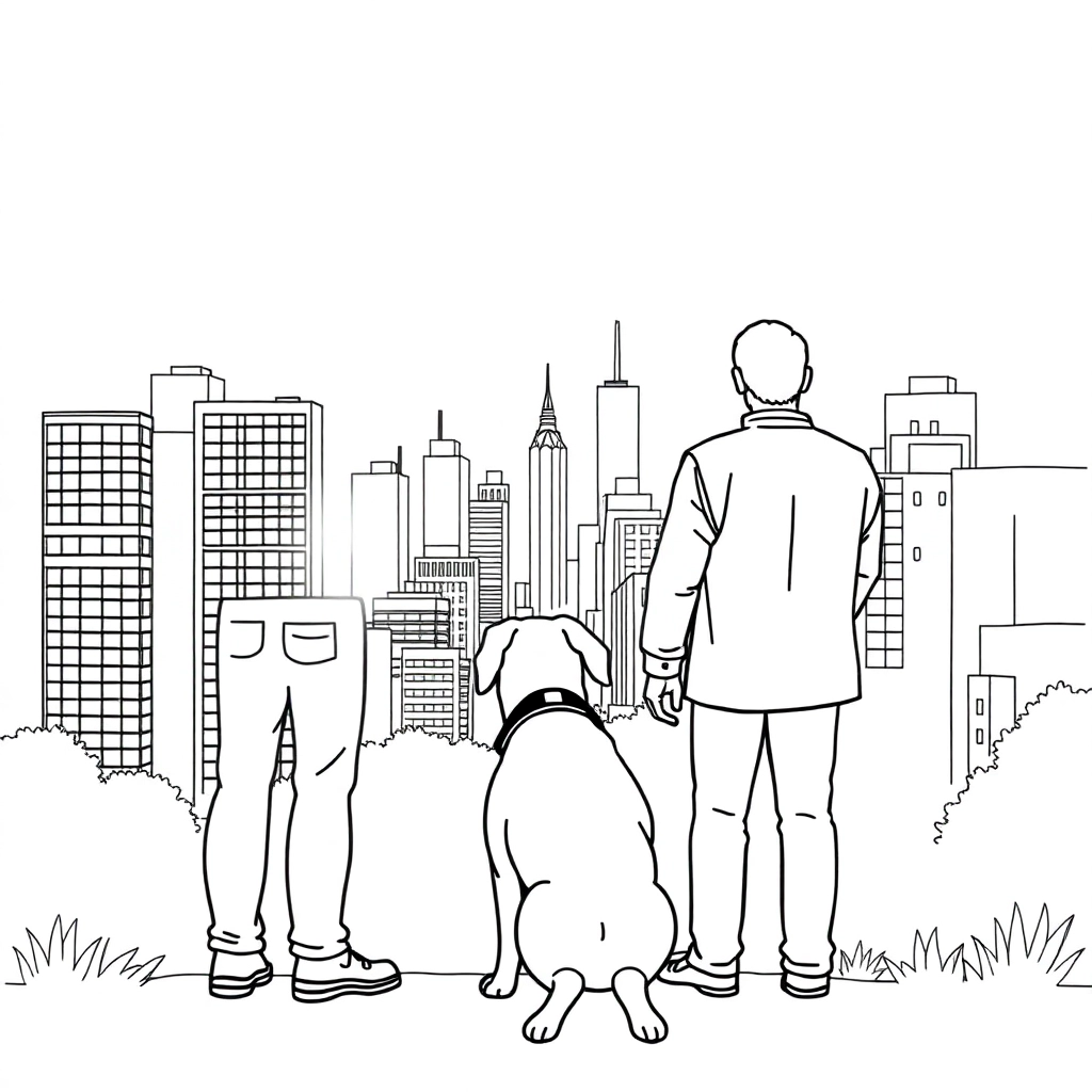 men walk with dog in the city from backview صفحات التلوين
