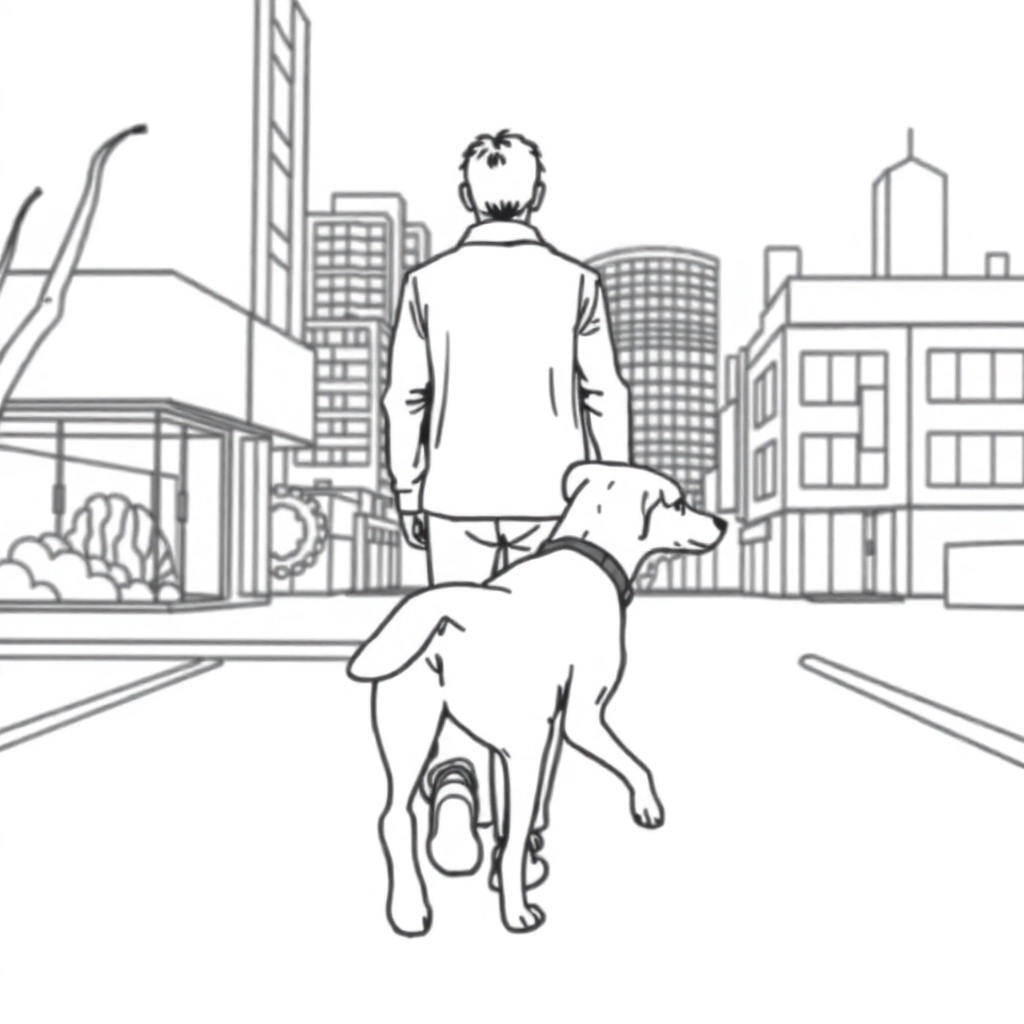 men walk with dog in the city from backview صفحات التلوين