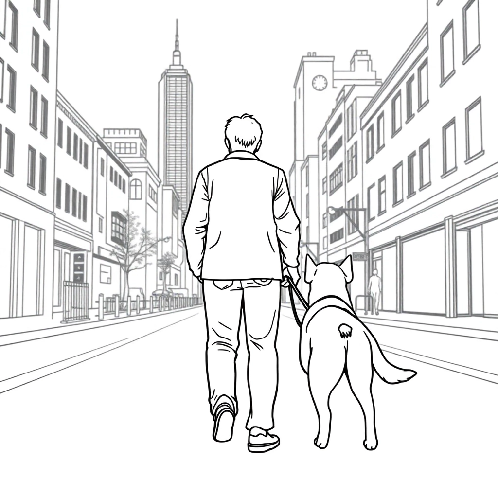 men walk with dog in the city from backview صفحات التلوين