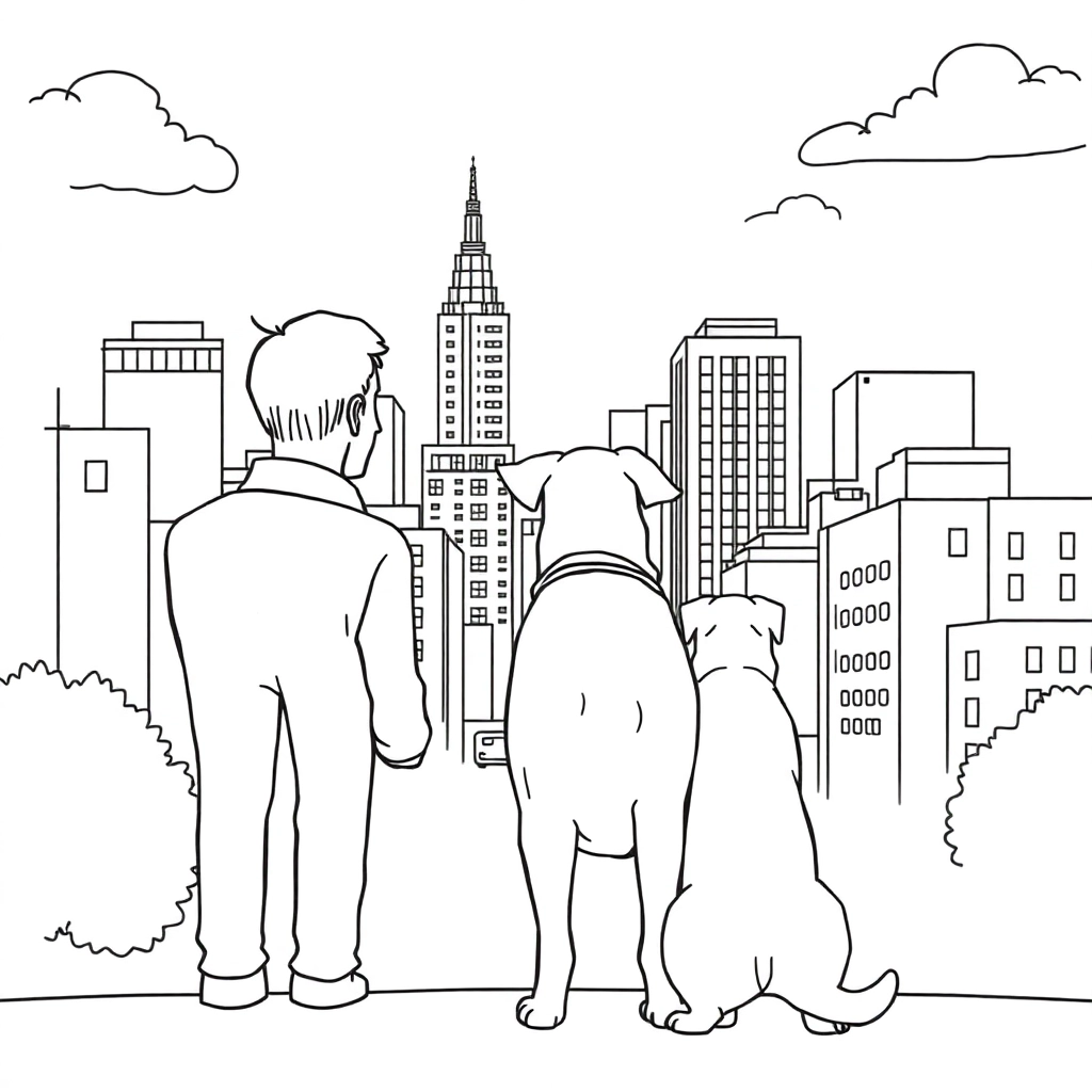men walk with dog in the city from backview Páginas para Colorear