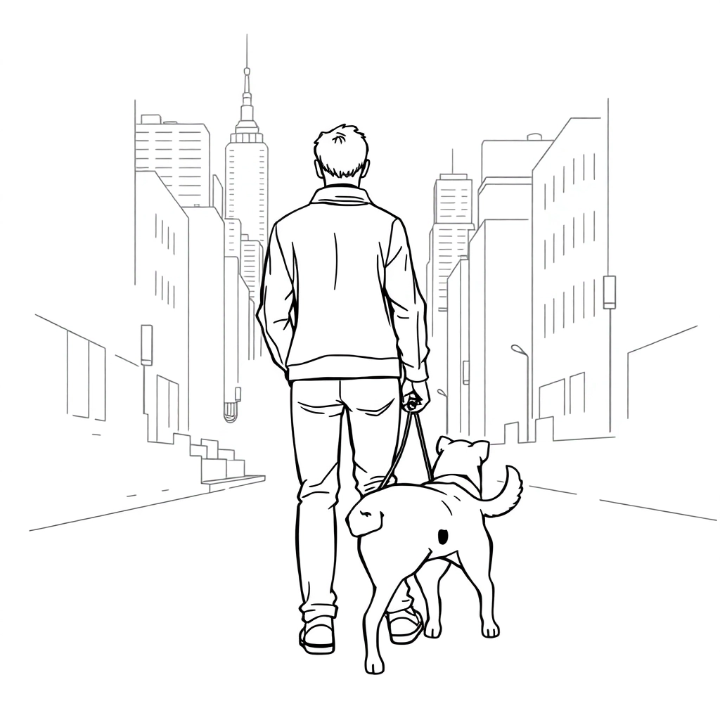 men walk with dog in the city from backview صفحات التلوين