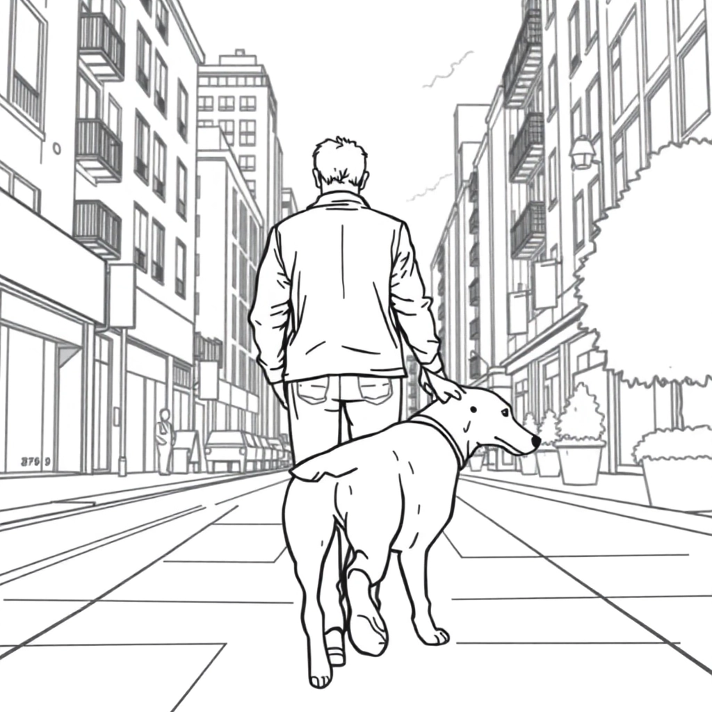men walk with dog in the city from backview صفحات التلوين