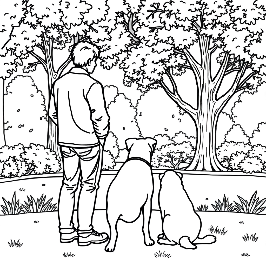 men walk with dog in the park from backview صفحات التلوين
