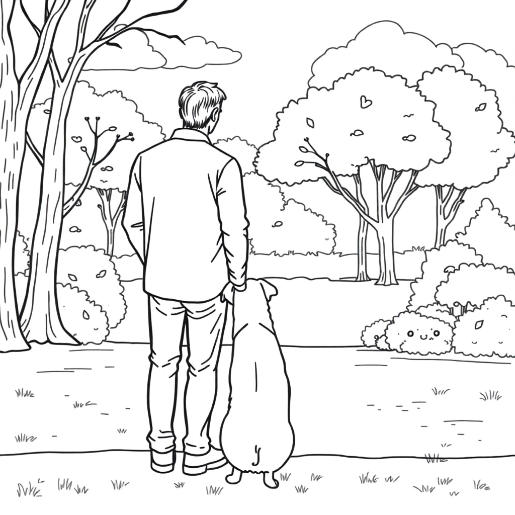 men walk with dog in the park from backview صفحات التلوين