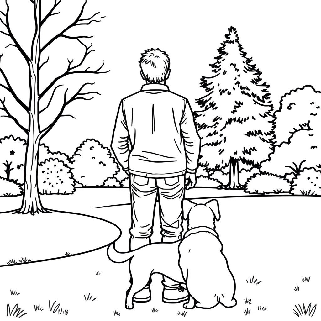 men walk with dog in the park from backview صفحات التلوين