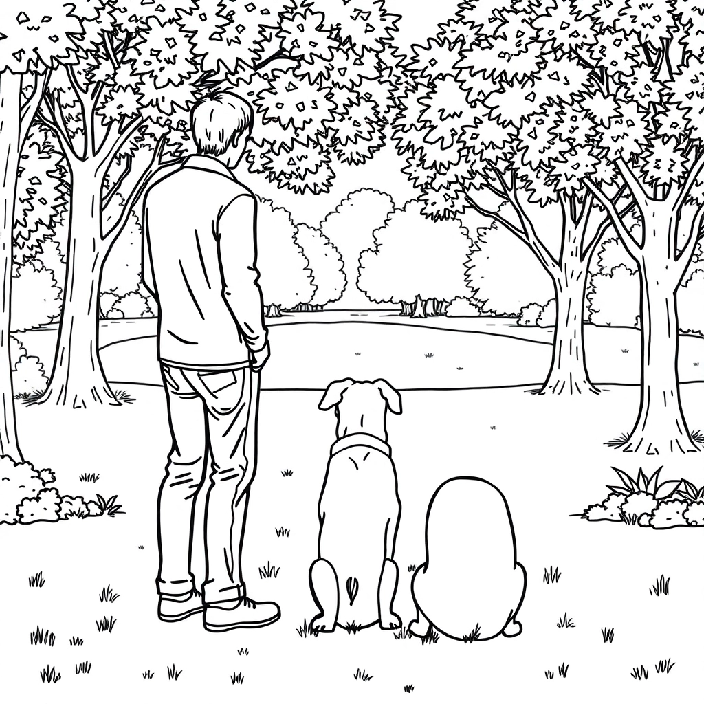 men walk with dog in the park from backview صفحات التلوين