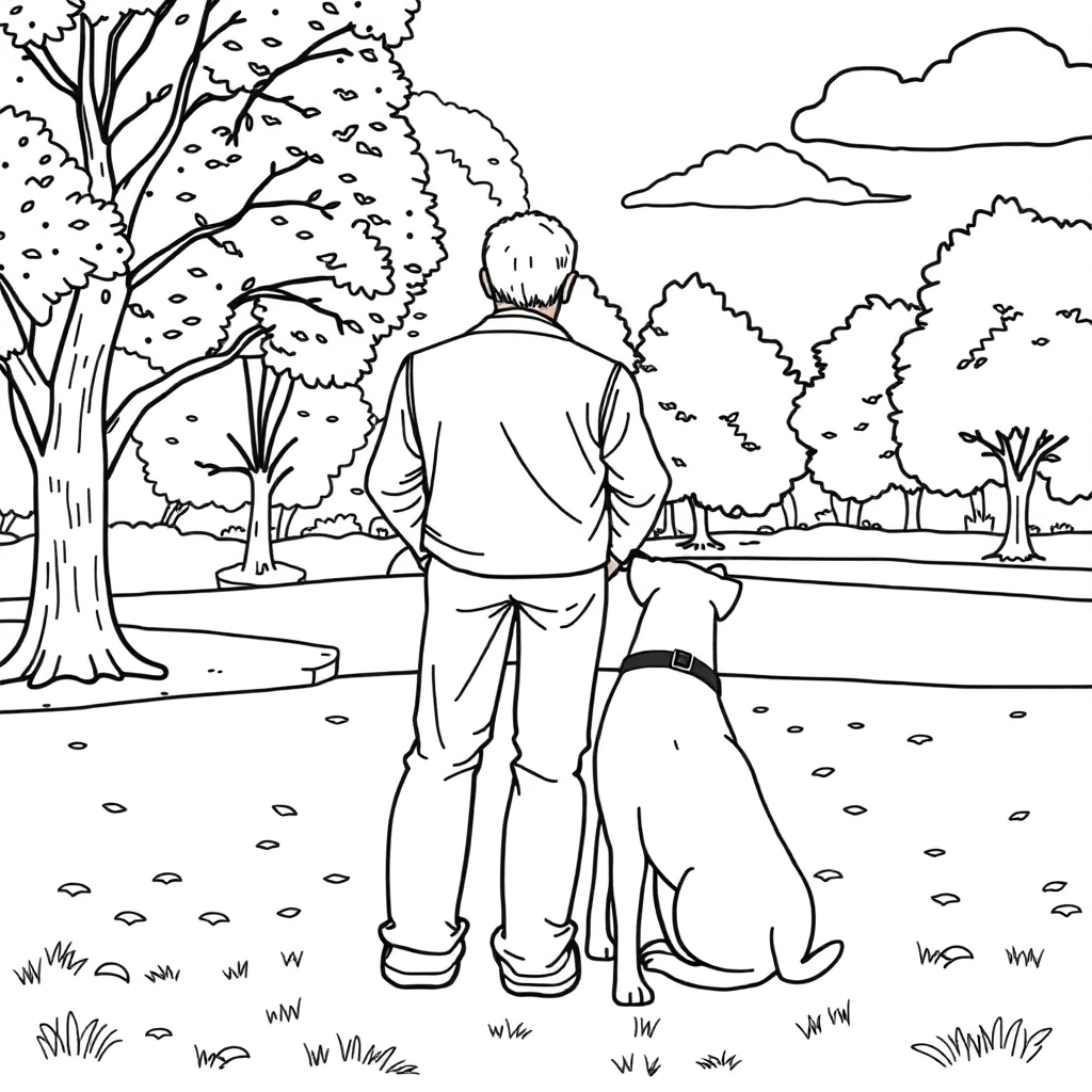 men walk with dog in the park from backview Páginas para Colorear