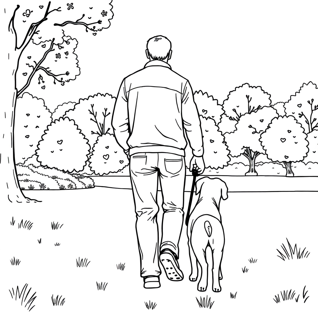 men walk with dog in the park from backview Páginas para Colorear