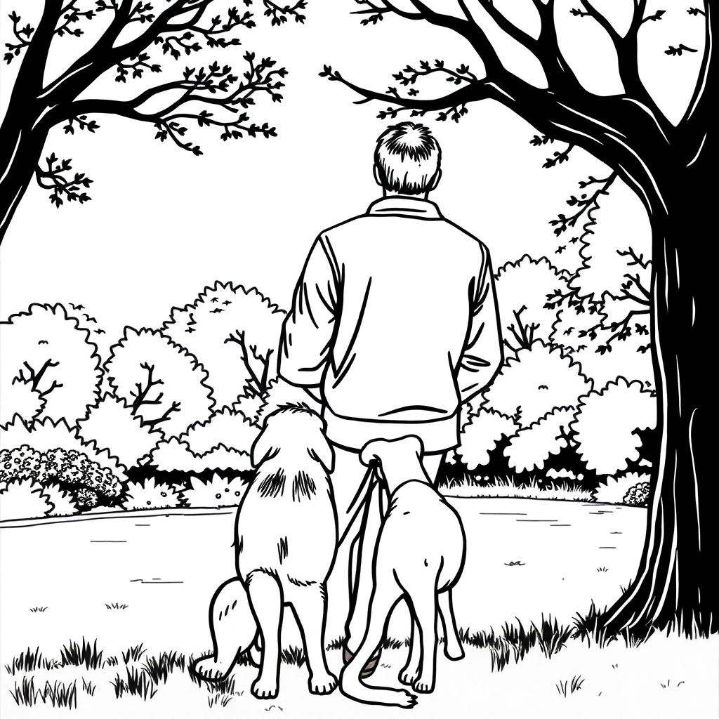 men walk with dog in the park from backview Páginas para Colorear