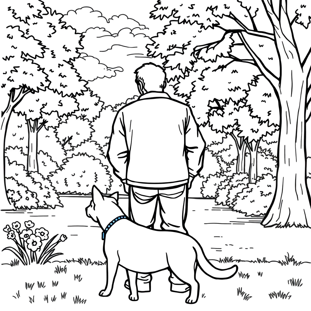 men walk with dog in the park from backview Coloring Pages