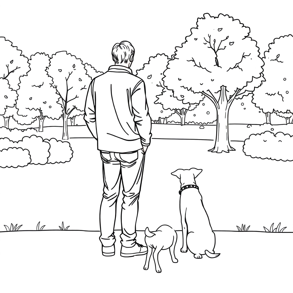 men walk with dog in the park from backview صفحات التلوين