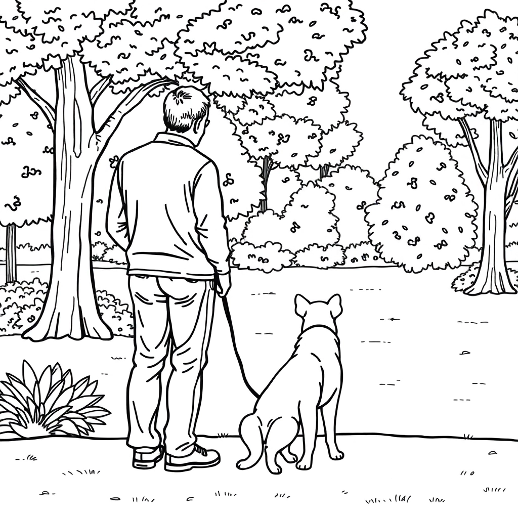 men walk with dog in the park from backview صفحات التلوين
