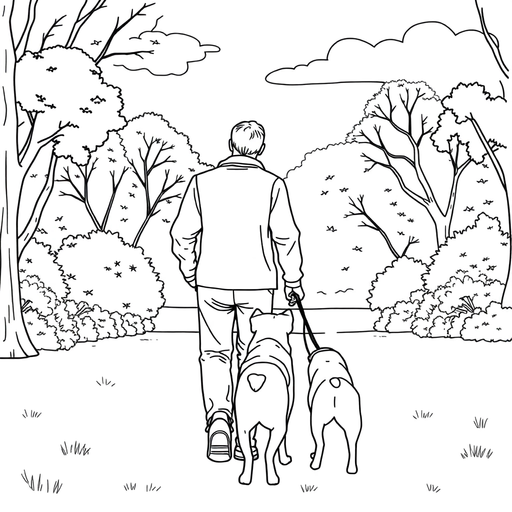 men walk with dog in the park from backview صفحات التلوين