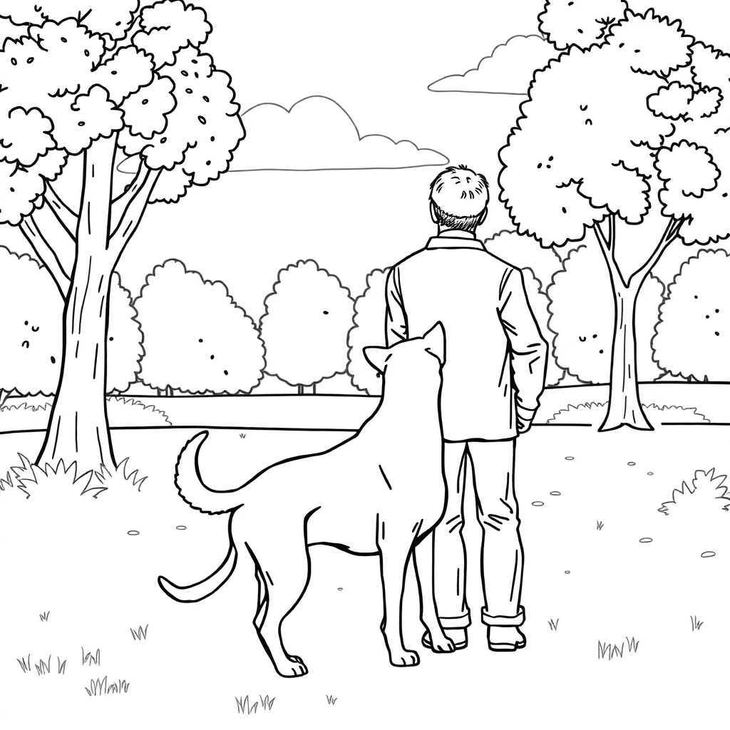 men walk with dog in the park from backview صفحات التلوين