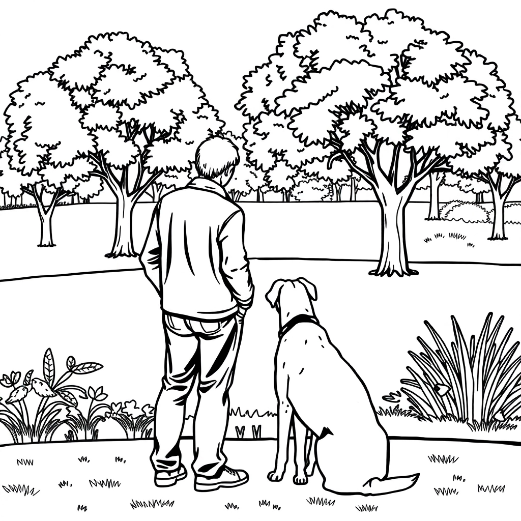 men walk with dog in the park from backview Páginas para Colorear