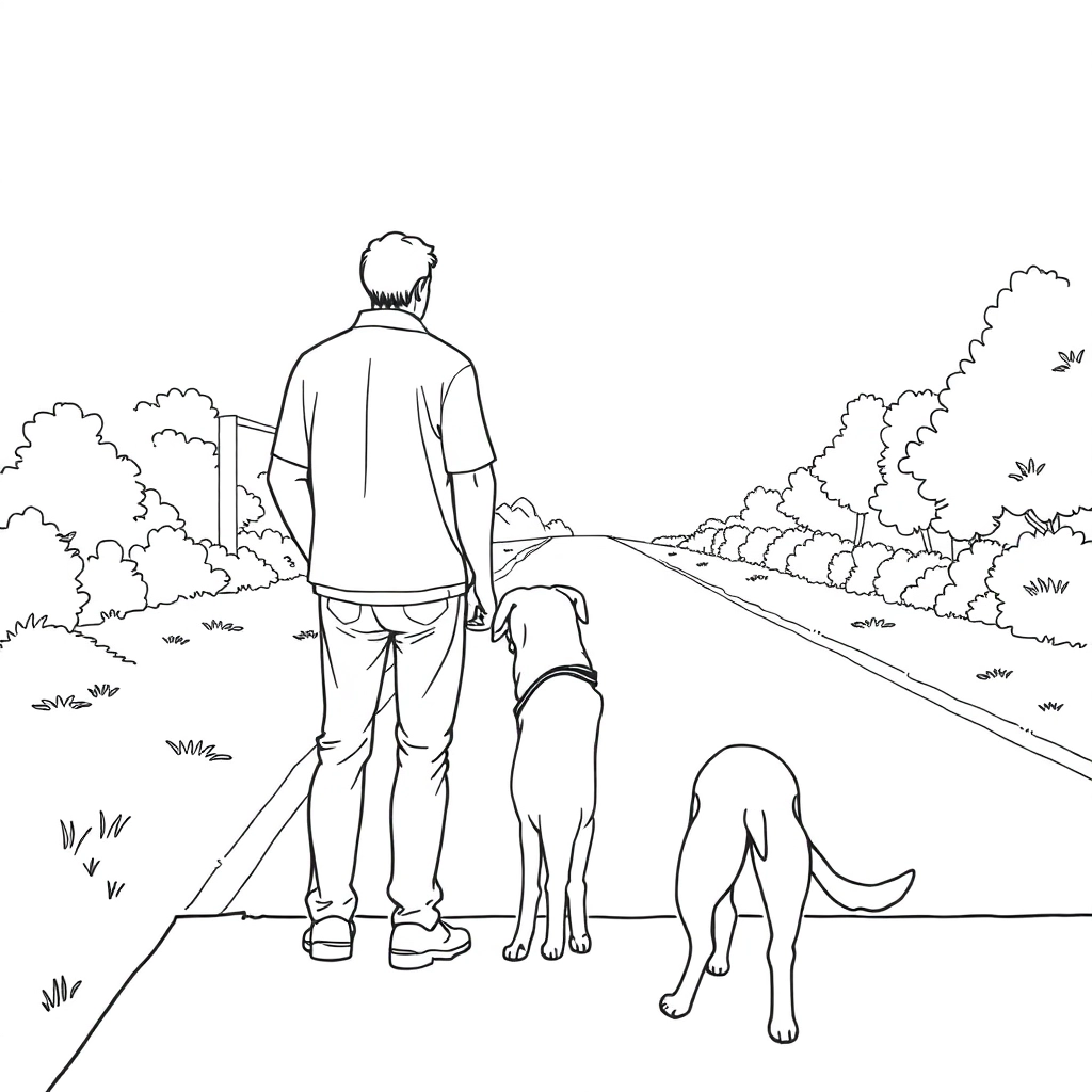 men walk with dog in the roadside from backview صفحات التلوين