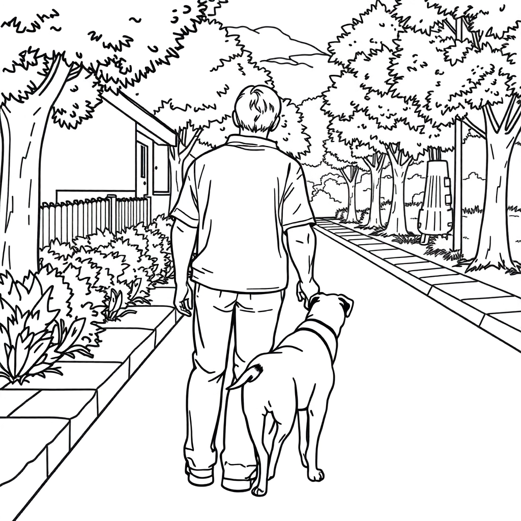 men walk with dog in the roadside from backview صفحات التلوين