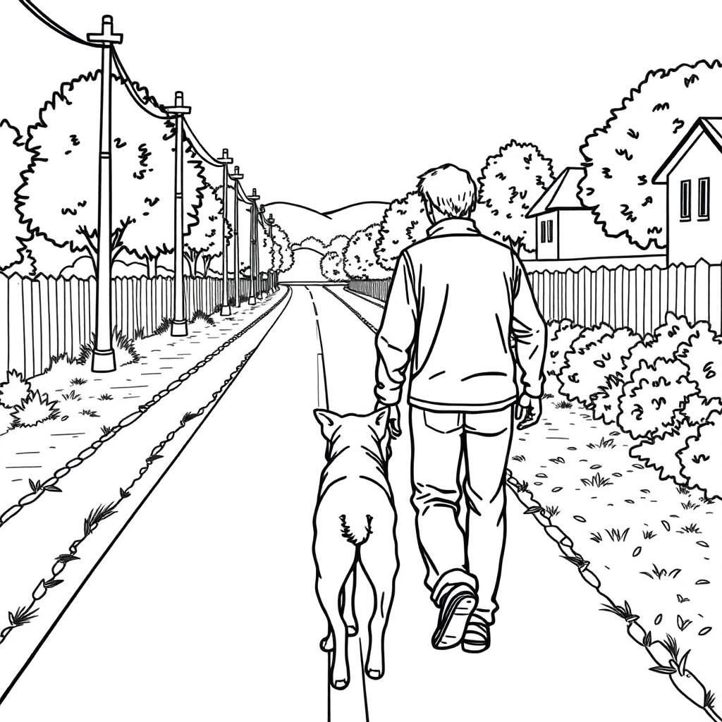 men walk with dog in the roadside from backview صفحات التلوين