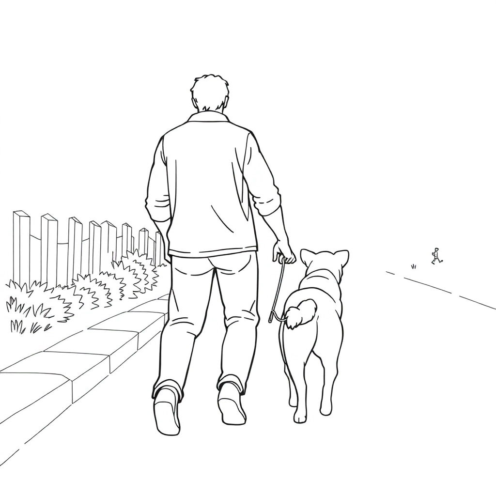 men walk with dog in the roadside from backview صفحات التلوين