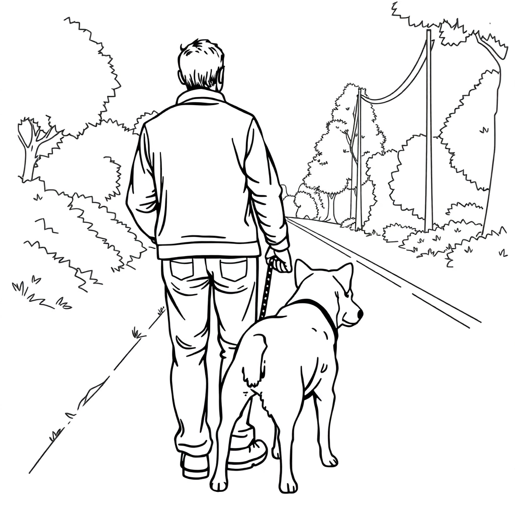 men walk with dog in the roadside from backview صفحات التلوين