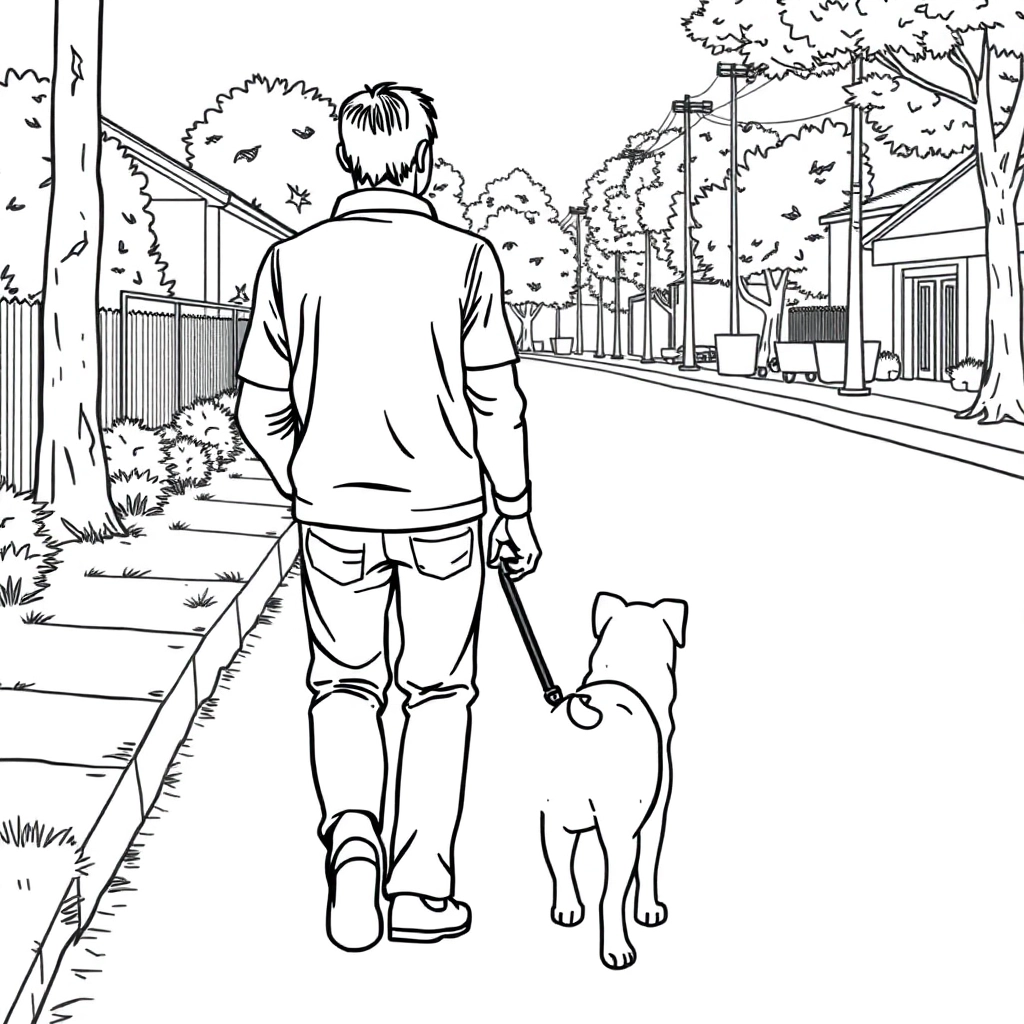 men walk with dog in the roadside from backview صفحات التلوين
