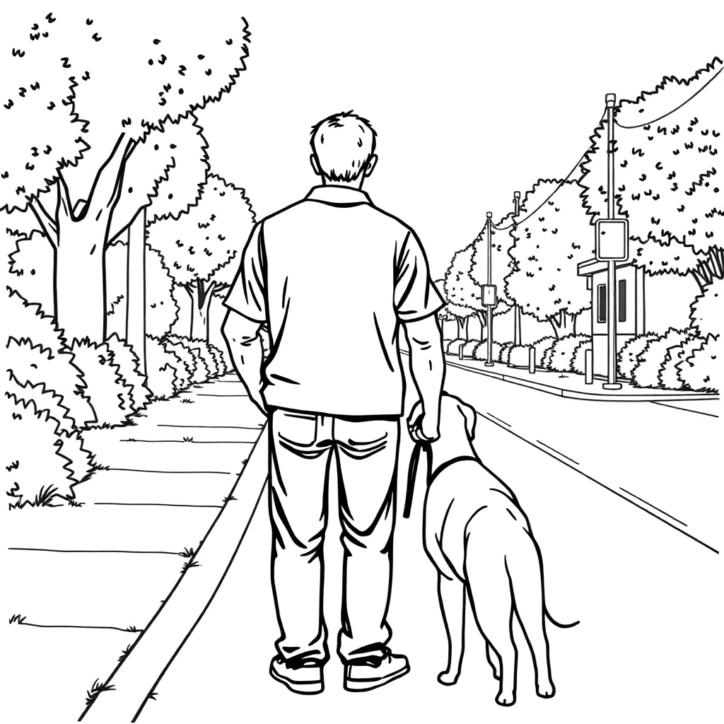 men walk with dog in the roadside from backview صفحات التلوين