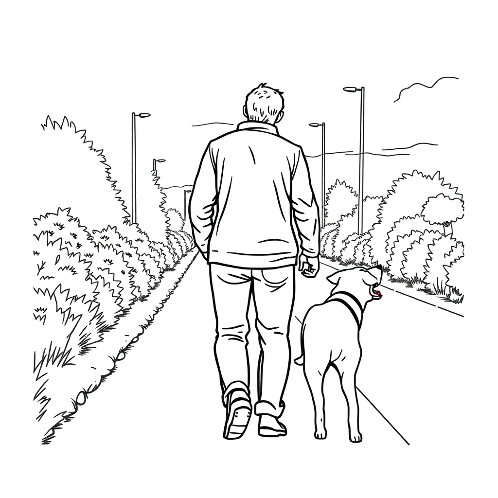 men walk with dog in the roadside from backview صفحات التلوين