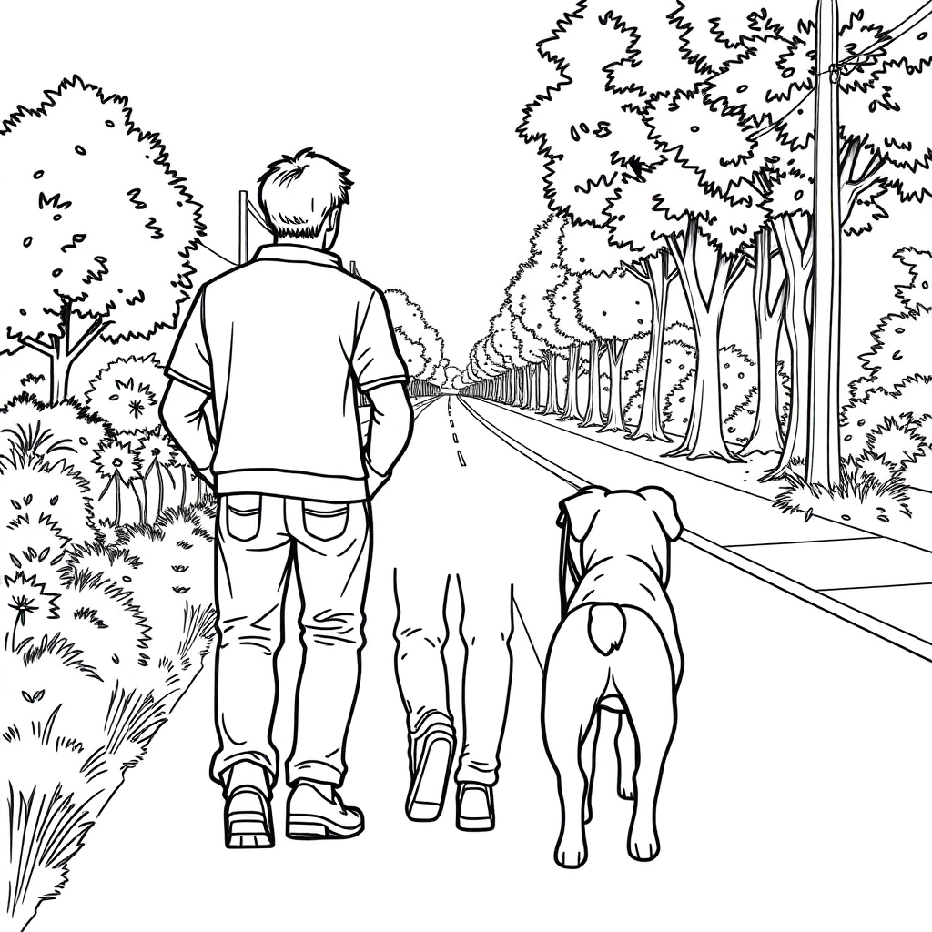 men walk with dog in the roadside from backview صفحات التلوين