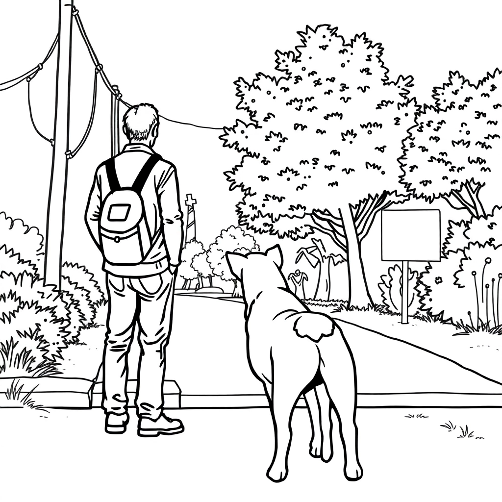 men walk with dog in the roadside from backview صفحات التلوين