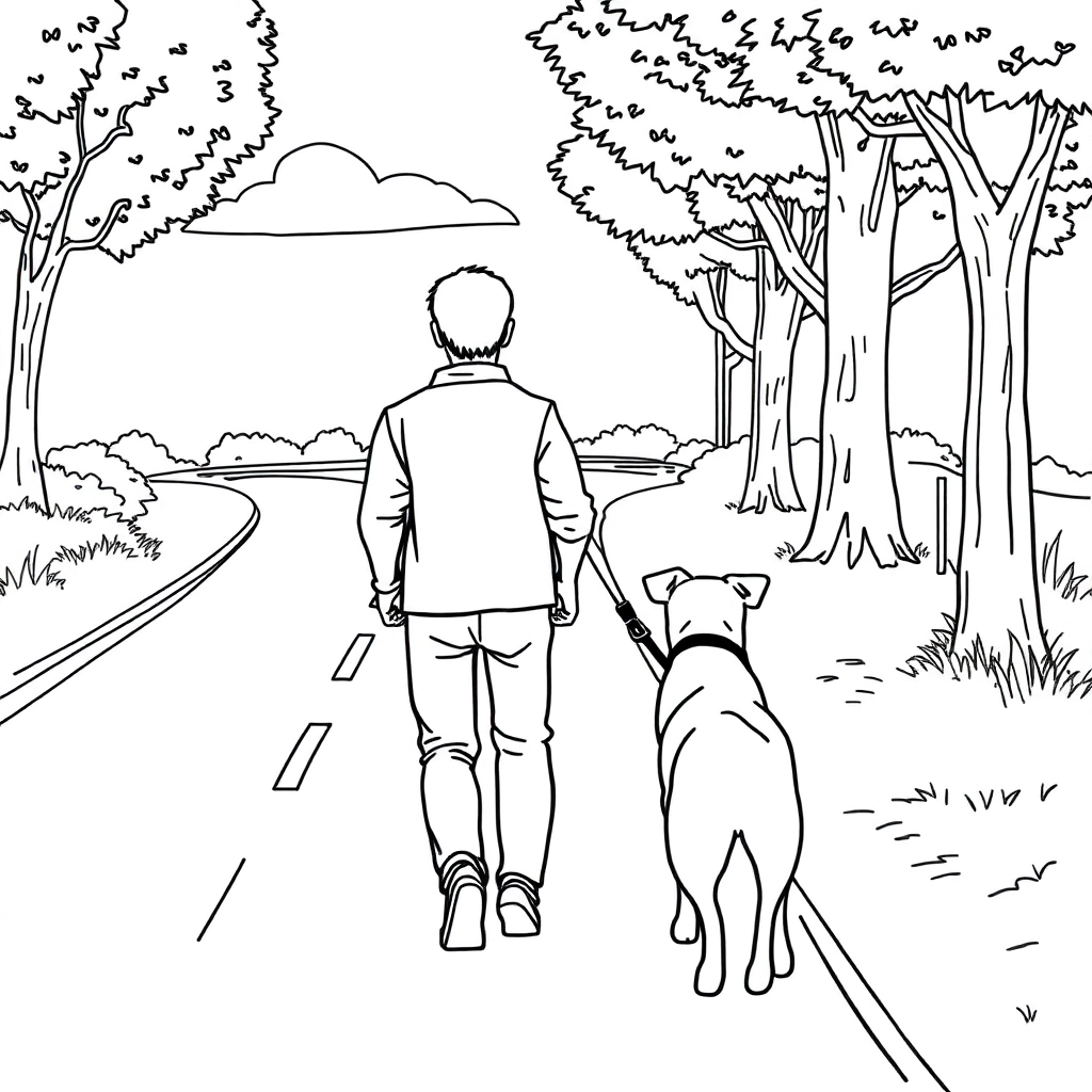 men walk with dog in the roadside from backview صفحات التلوين