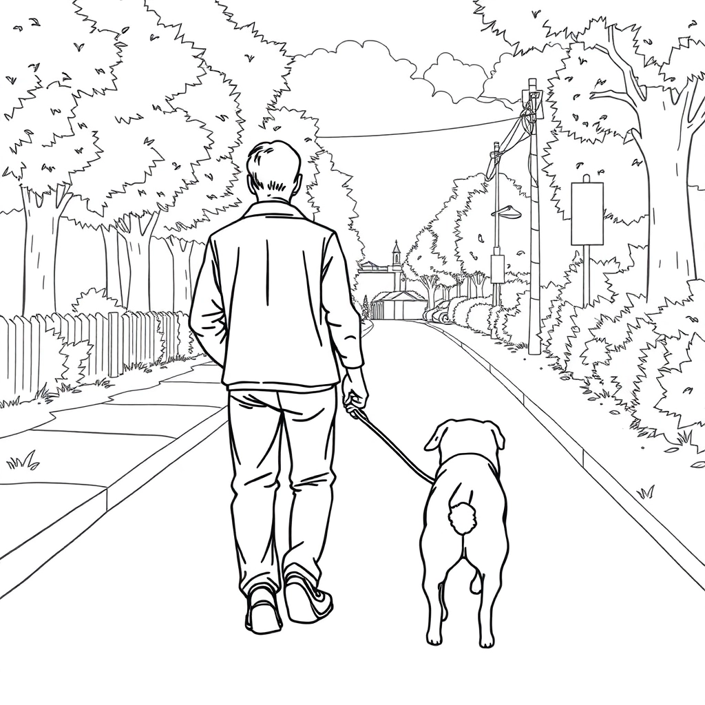 men walk with dog in the roadside from backview صفحات التلوين