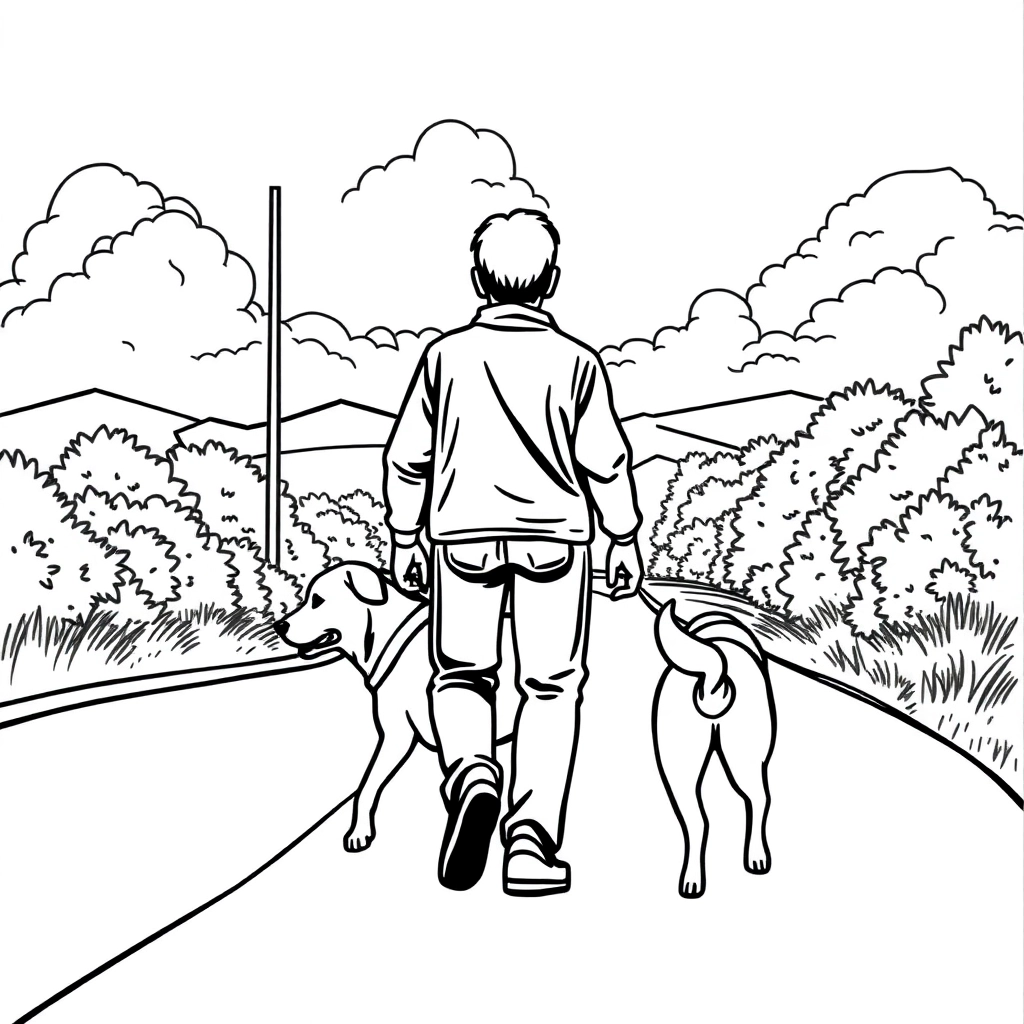 men walk with dog in the roadside from backview صفحات التلوين