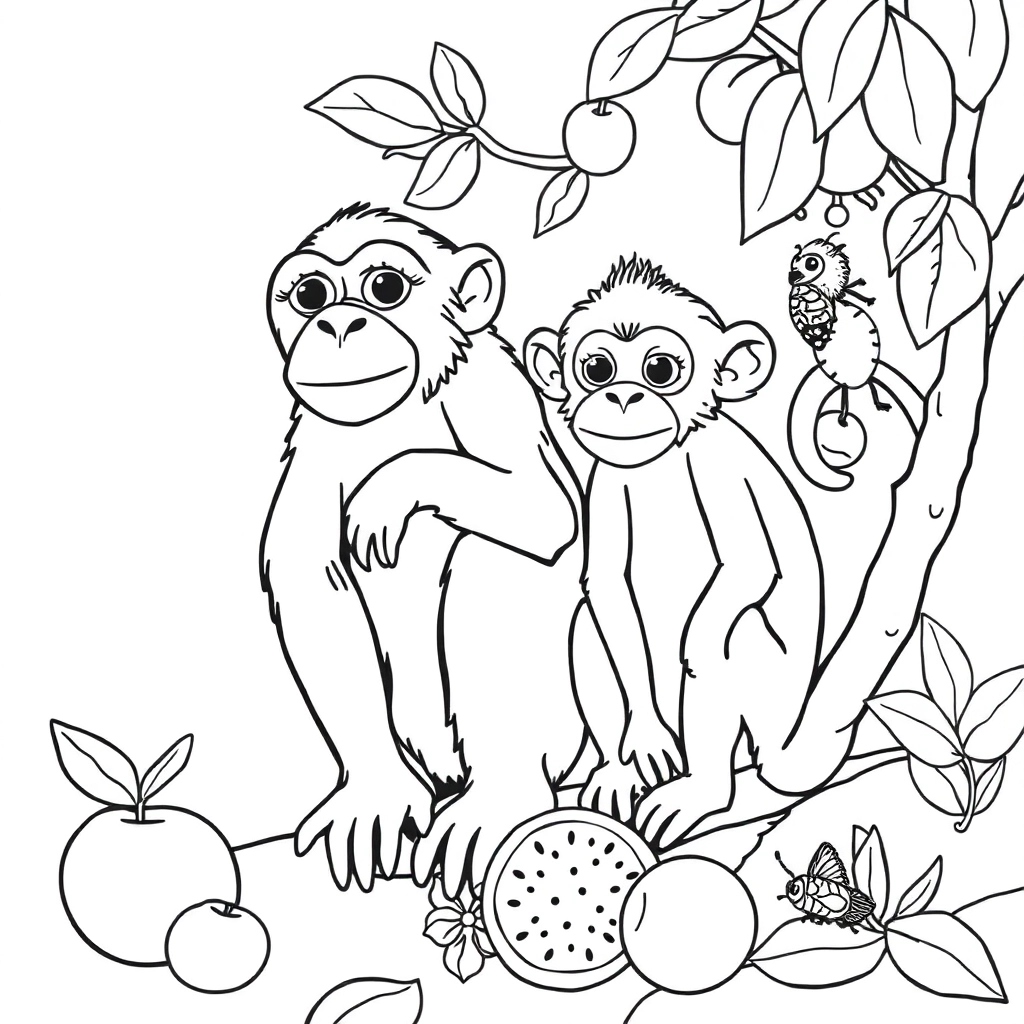 several monkeys are looking for the fruits and insects صفحات التلوين