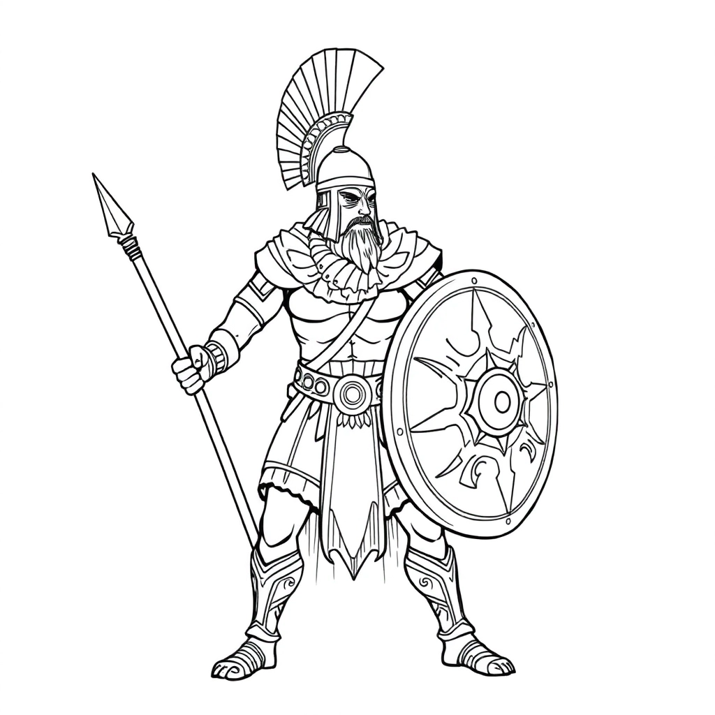 好的我将为你生成四张符合怪诞古代武士主题的图片它们都拥有长枪铠甲和巨盾牌每张图在风格和细节上会有所不同 Coloring Pages