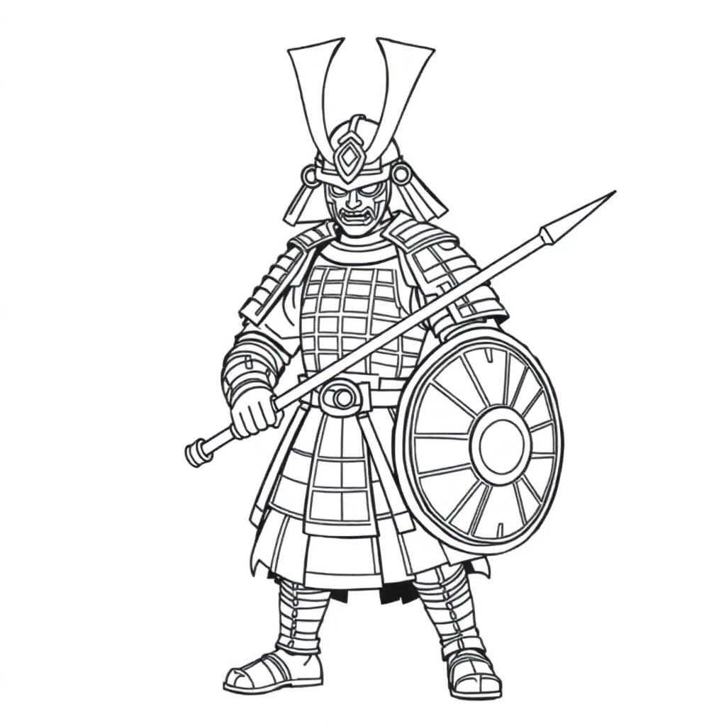 四张符合怪诞古代武士主题的图片它们都拥有长枪铠甲和巨盾牌每张图在风格和细节上会有所不同 Coloring Pages
