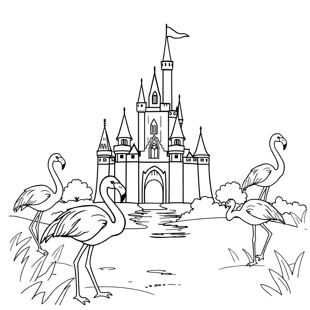 flamingoes around castle Páginas para Colorear