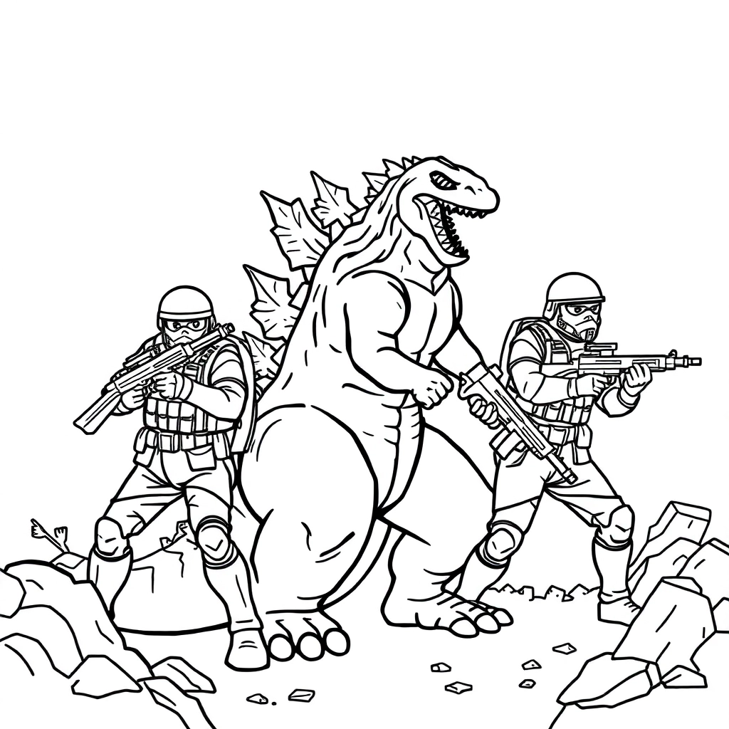 Shin gozilla fight with swat team Coloring Pages
