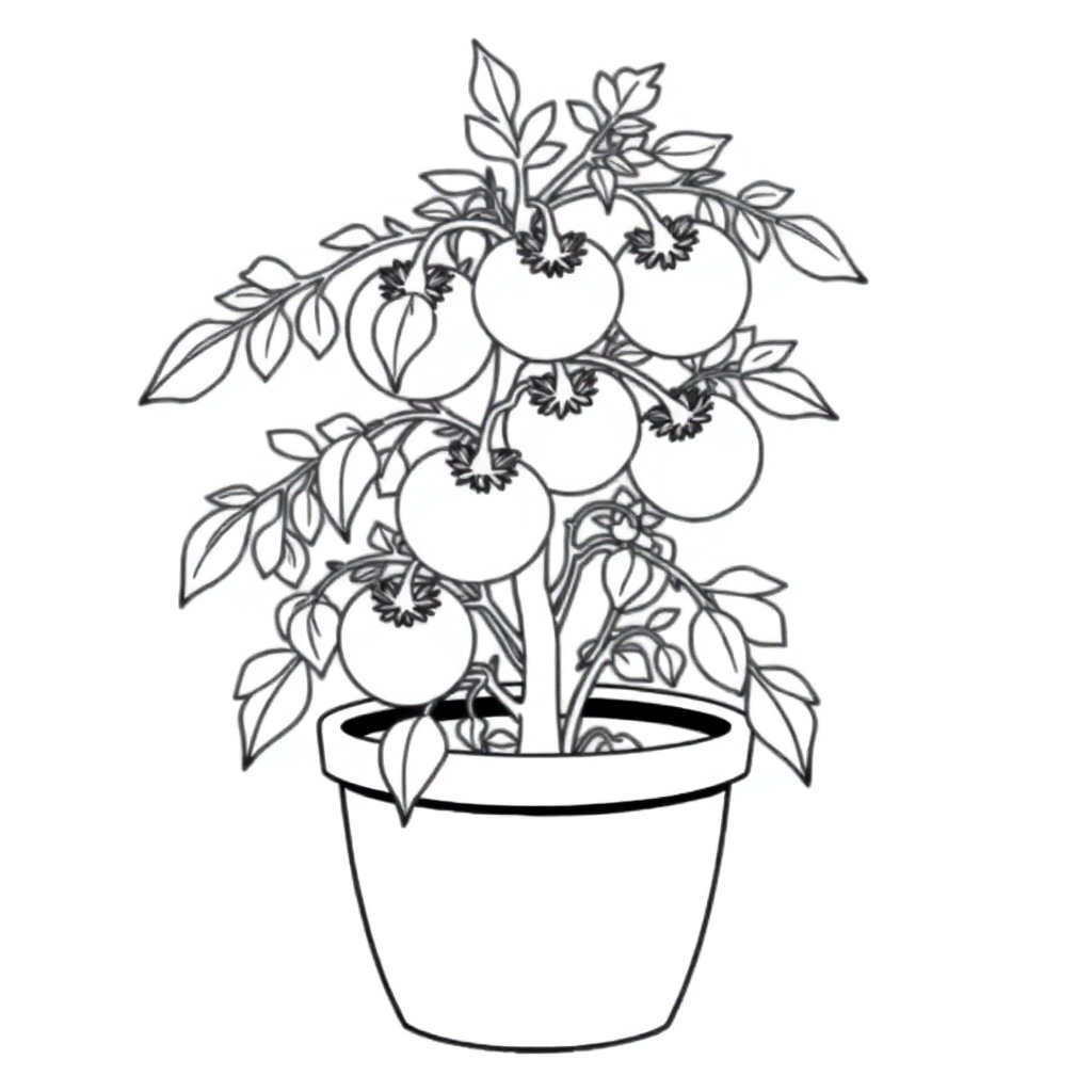 tomato plant with three small tomatoes in the pot Coloring Pages