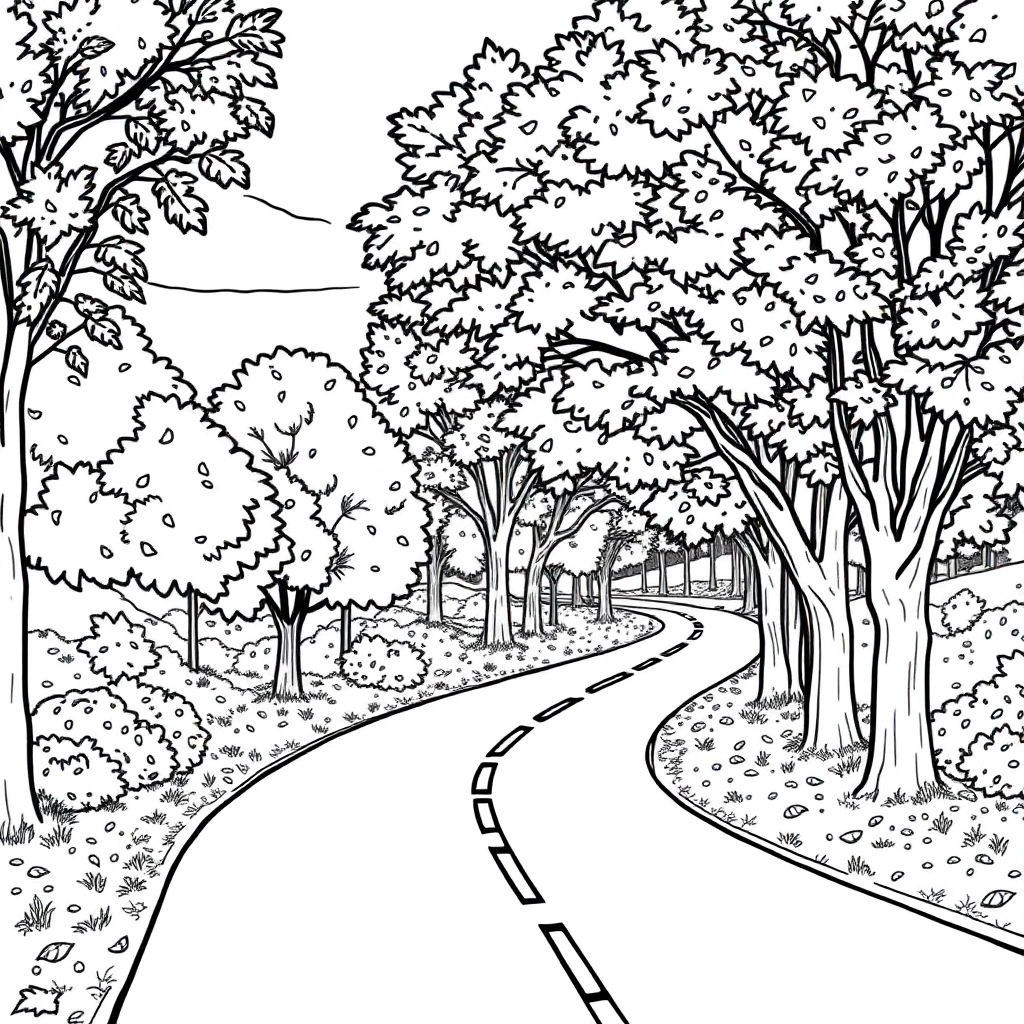 秋天公园树木道路 Coloring Pages