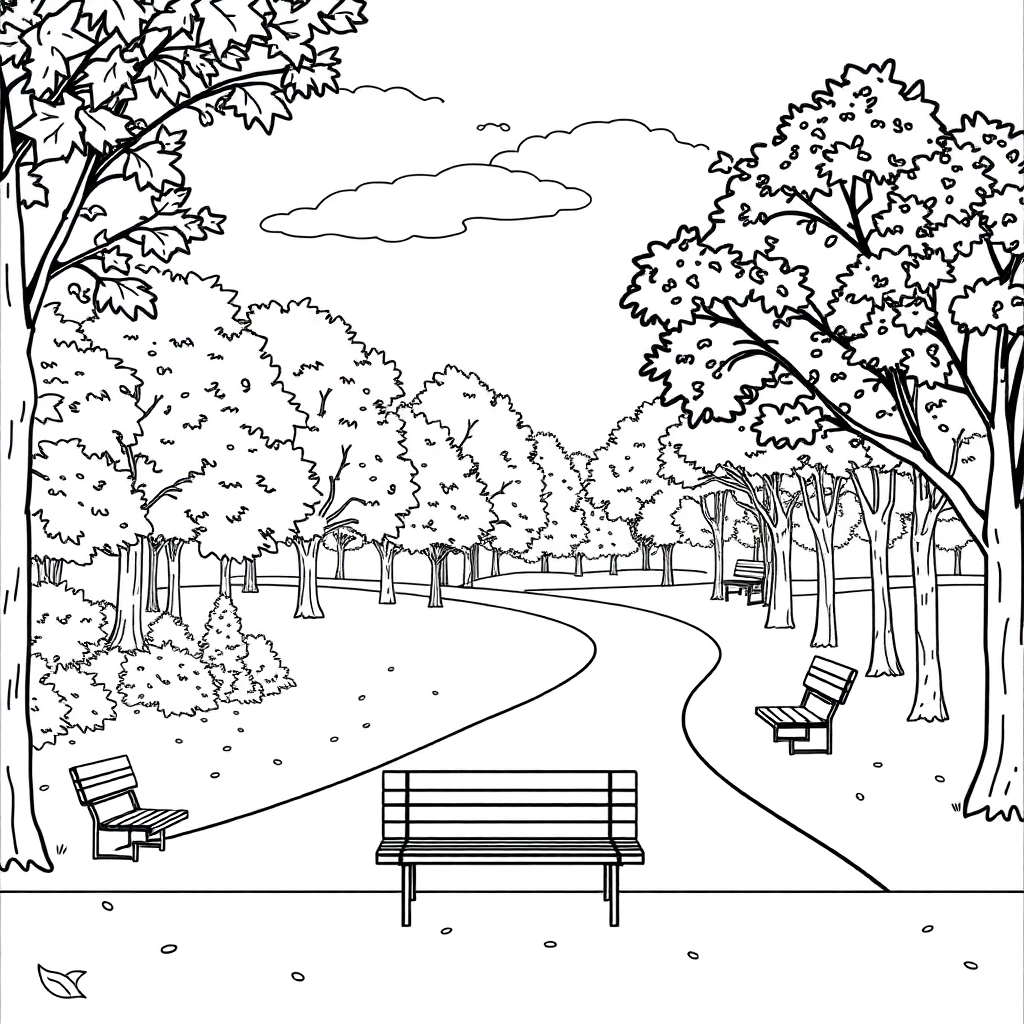  秋天公园树木道路座椅 Coloring Pages