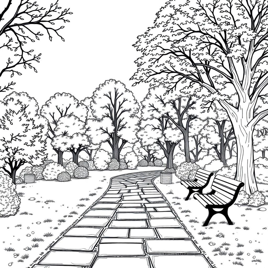 秋天公园树木石子路座椅 Coloring Pages