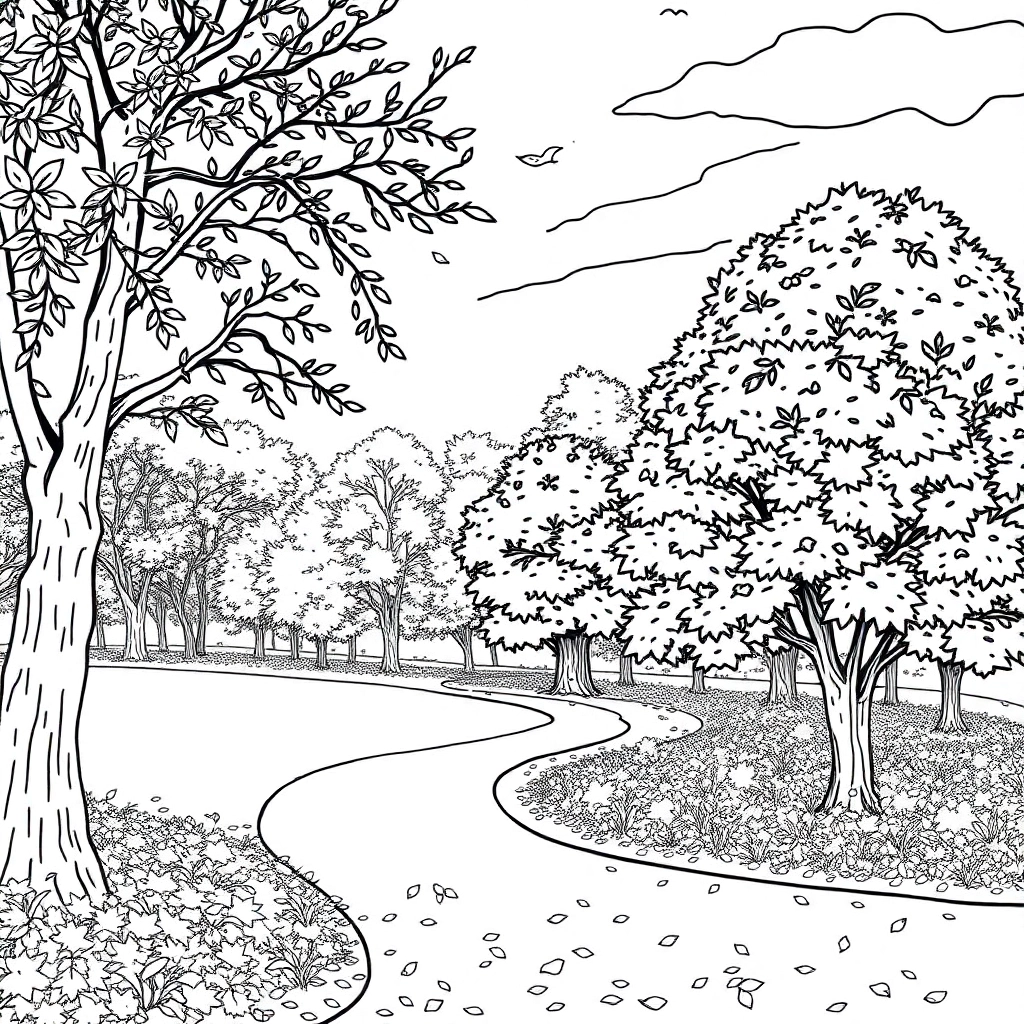秋天公园树木石子路落叶 Coloring Pages