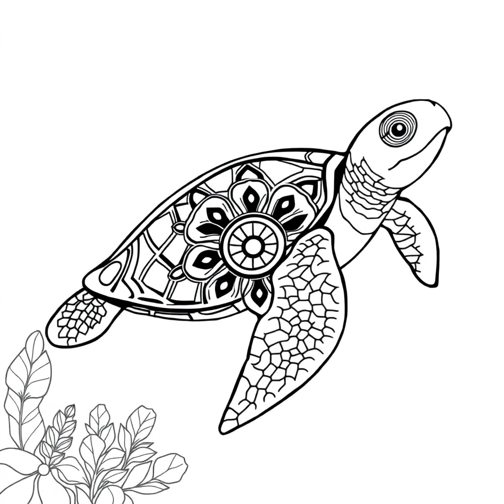 In a marine setting a mandalastyle sea turtle surrounded by small fish صفحات التلوين
