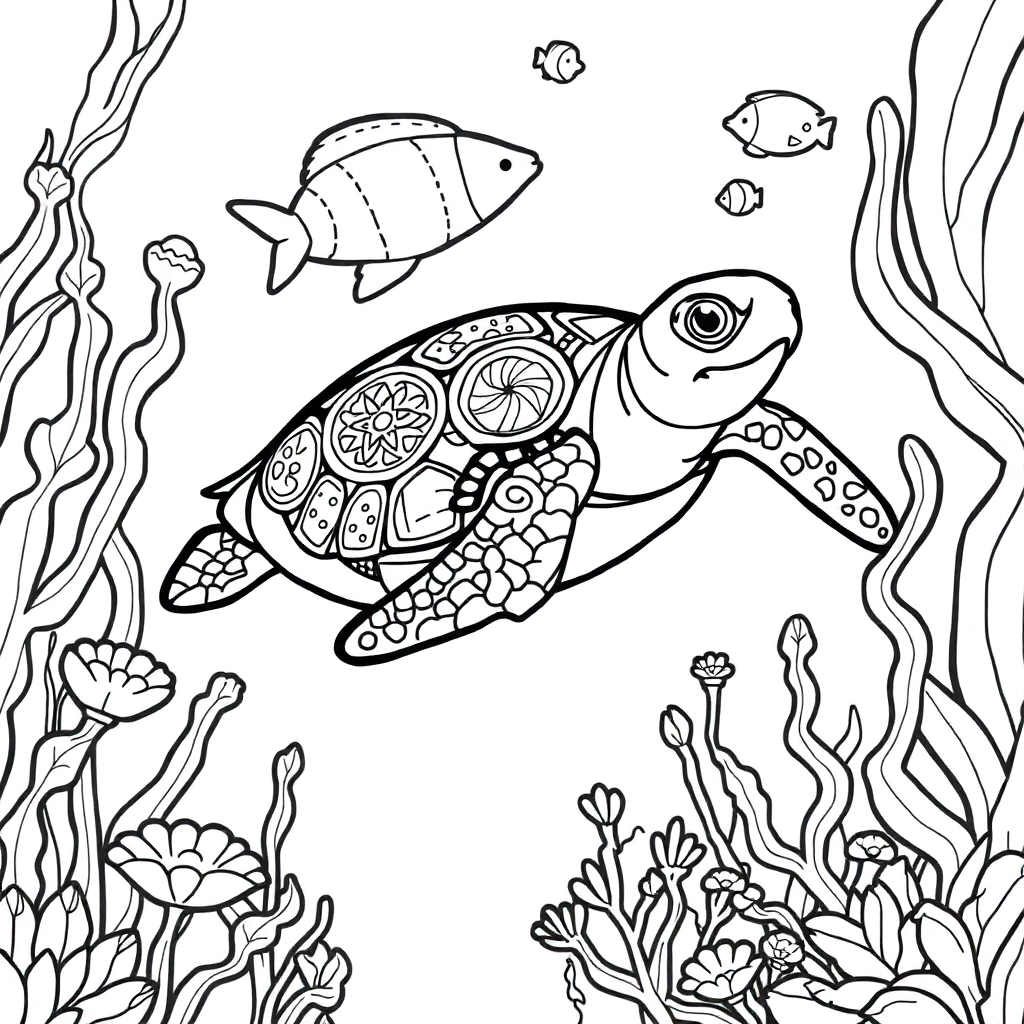 Marine background with seaweed and plants mandalastyle sea turtle surrounded by small fish صفحات التلوين