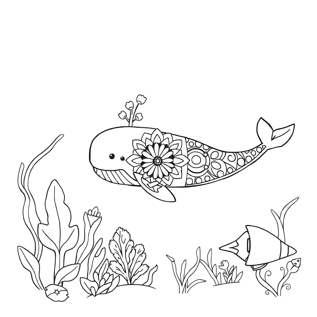 Seaweed and plants in a marine background a mandalastyle whale surrounded by small fish صفحات التلوين