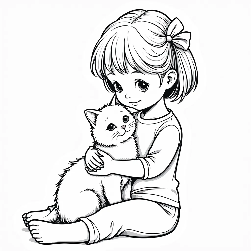 一个女孩子抱着一只英短猫并抚摸着 coloring pages