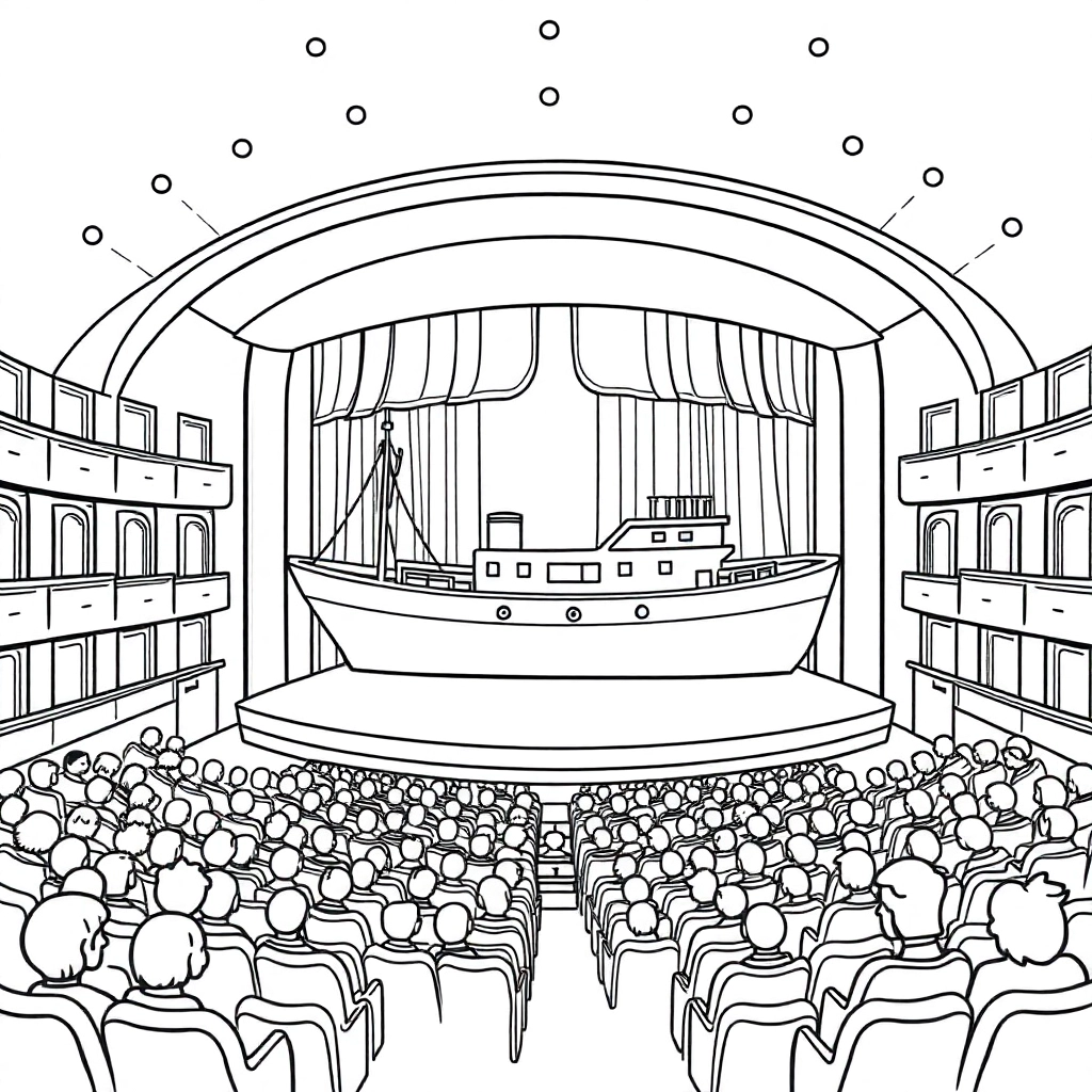 ship theater floating stage architectural line drawing canvas canopy audience seating Páginas para Colorear