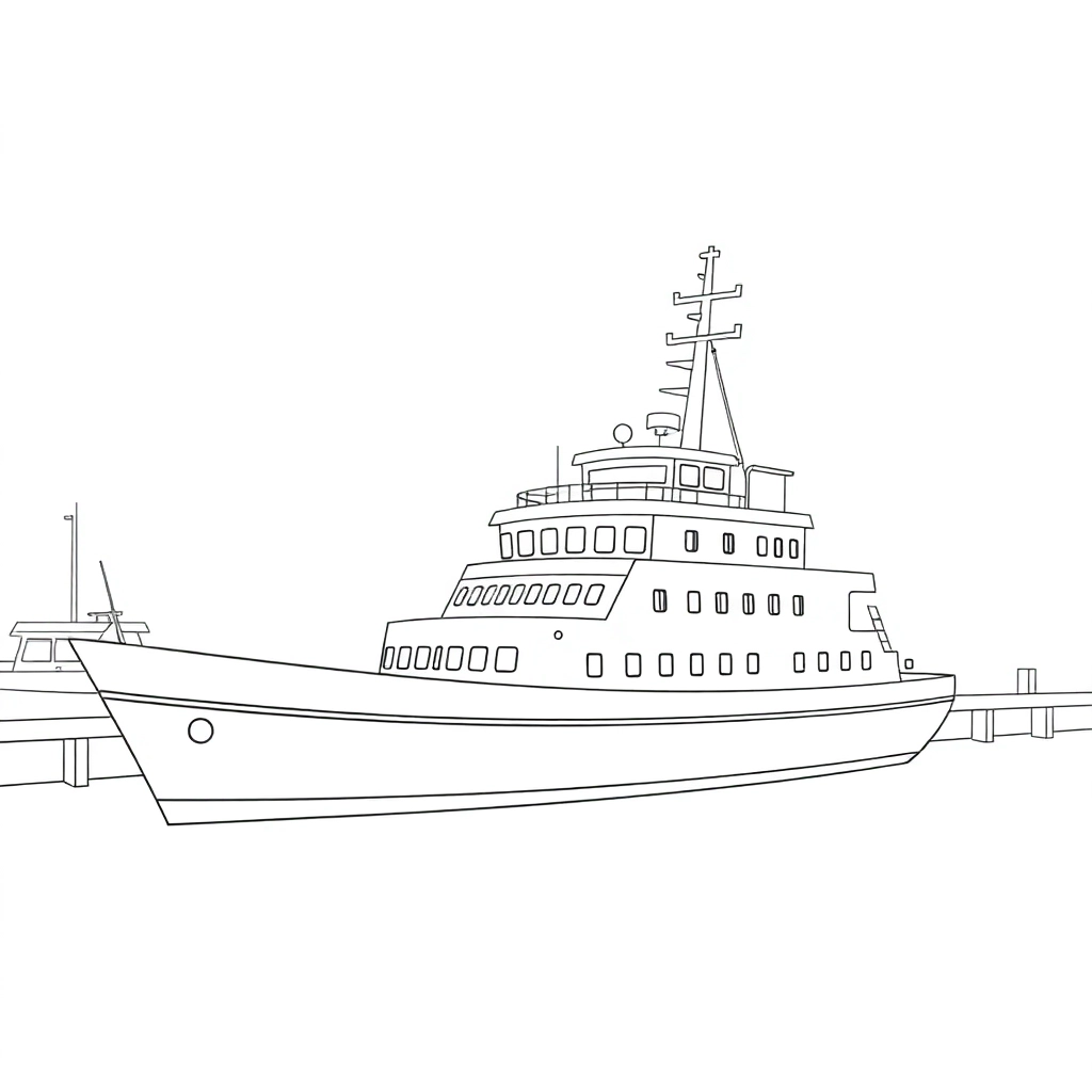 floating architecture ship stage technical outline black and white harbor background Páginas para Colorear